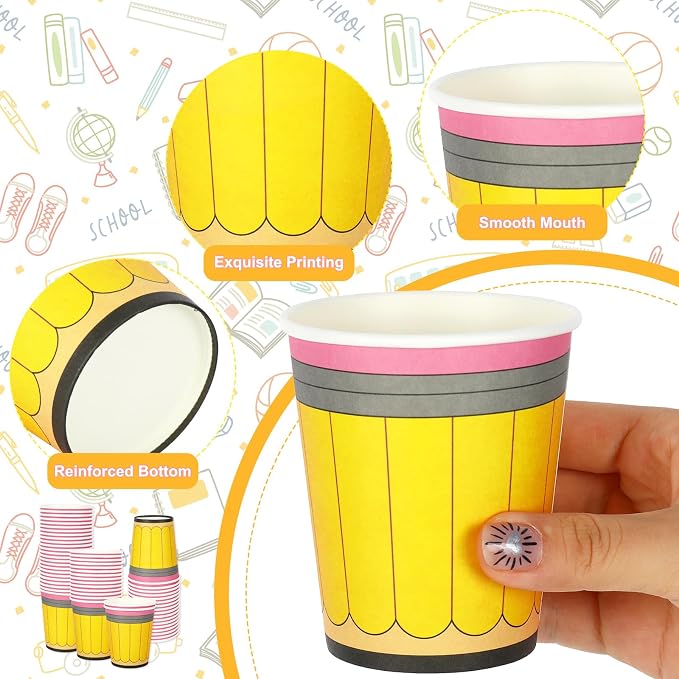 Whaline 50Pcs Back to School Paper Cups 9 Oz Yellow Pencil Design Disposable Cups for Coffee Tea Snacks Classroom First Day of School Party Supplies