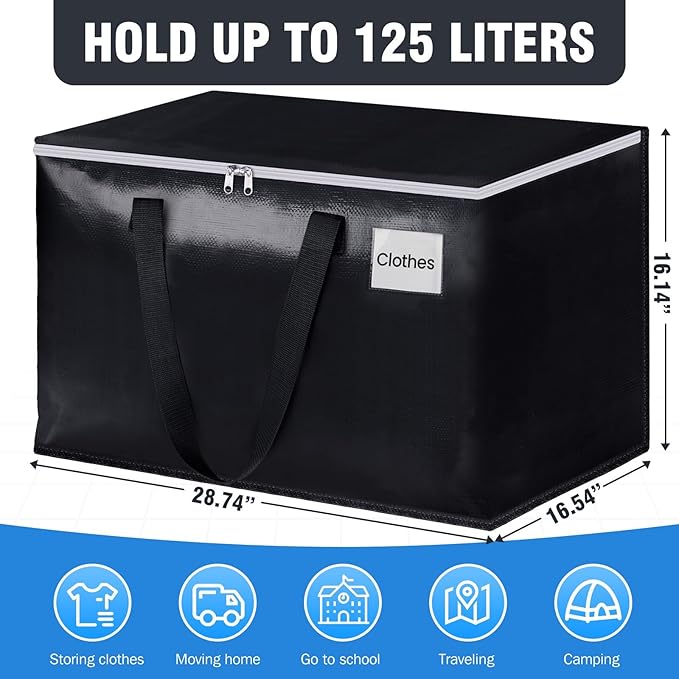 BlissTotes Moving Bags, Heavy Duty Moving Boxes with Zippers Top and Sturdy Handles, Storage Bags for Space Saving and Packing, Collapsible Moving Supplies, Storage Totes (125L, 6-Pack, Black)