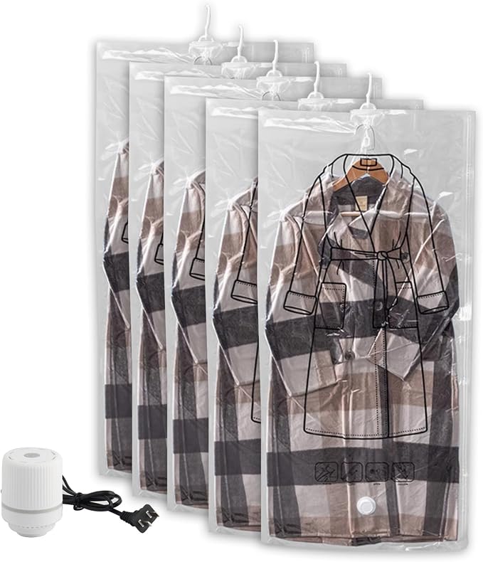 Large Garment Covers, Pack of 5, Vacuum Storage Bag with Electric Pump, Clear Compression Airtight Sealer Bags with Hanging Buckle, Hanging Clothes Storage(130cm/51in)