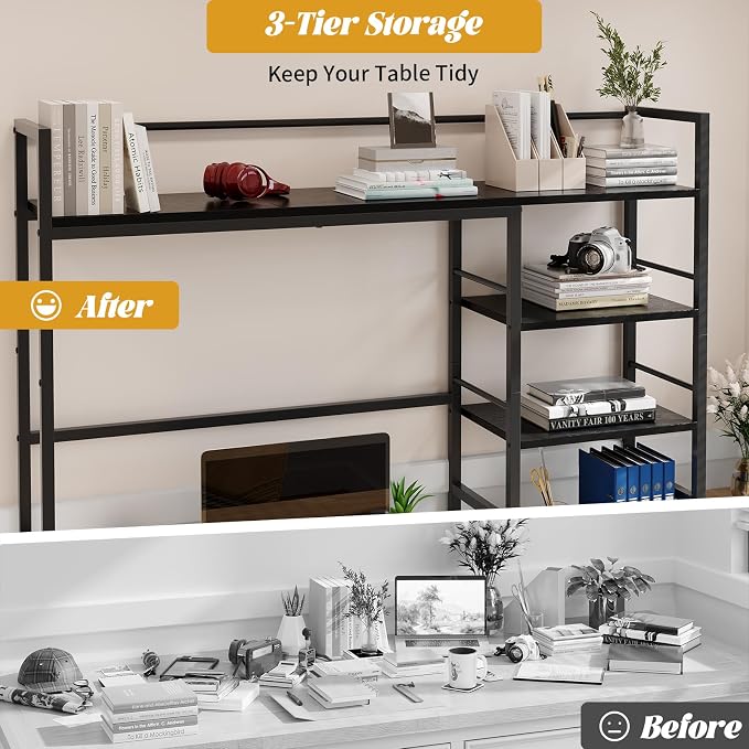 HavenlyYouth Desk Shelf, 45.4 Inch Wood Desk Organizer Shelf for Computer Monitor, Desk Hutch Storage, Desktop Shelf for Top of Desk, 3 Tier Desktop Bookshelf for Home Office Dorm, Black