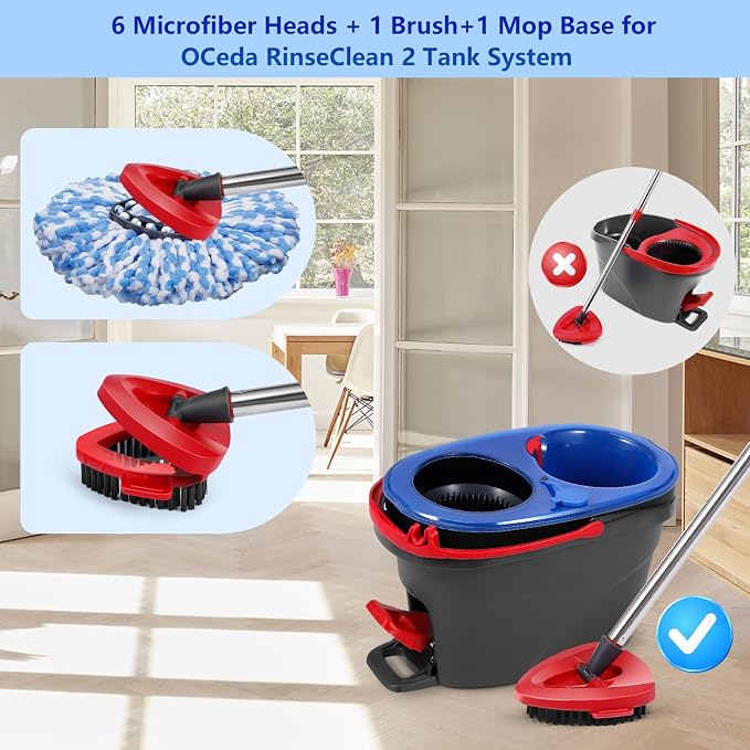 8 Pack Spin Mop Replacements Head Compatible for Ocedar RinseClean 2-Tank System,Microfiber Spin Mop Refills Head,1 Mop Scrub Brush + 1 Mop Base + 6 Pack Blue Floor Mop Head