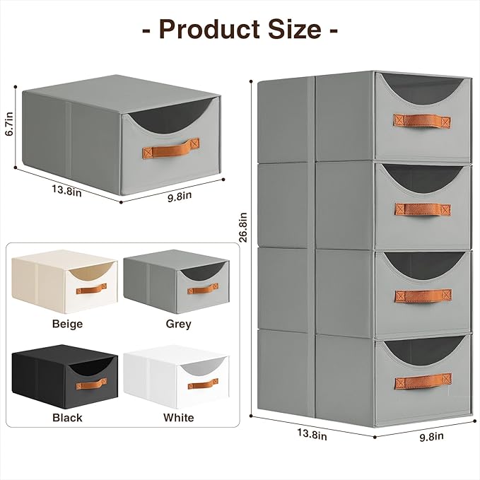 Homsorout Stackable Storage Drawers - Collapsible Storage Bins with Drawers, 6 Pack Closet Shelf Organizer Basket, Fabric Pull Out Organizer for Bedroom, Living Room, Dorm, Grey