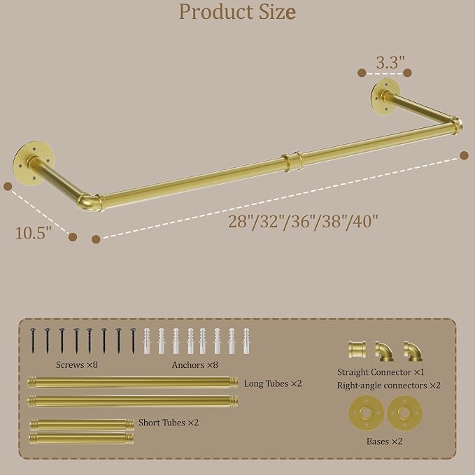 Wall Mounted Clothes Rack, Industrial Pipe Clothing Rack 28 Inch Gold, Wall Clothes Hanger for Bedroom, Cloakroom, Closet, Hallway, Boutique Display, Drying Racks Wall-Mount for Laundry