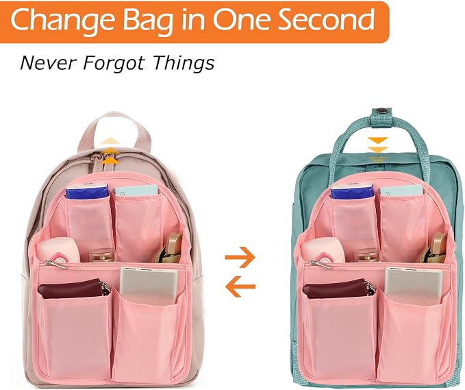 Surblue Backpack Organizer Insert Liner Hanging Travel Rucksack Purse and Handbag Insert Pocket, High-capacity Divider Foldable Nylon Shoulder Bag Organizer for Men and Women, (Purepink, M)