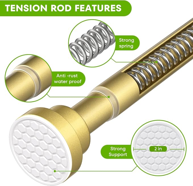 Tension Curtain Rod 30-64Inch Curtain Rods for Windows Gold Spring Curtain Rod no Drilling Adjustable Expandable Tension Rods for Windows,Doorway,Closet,Bedroom