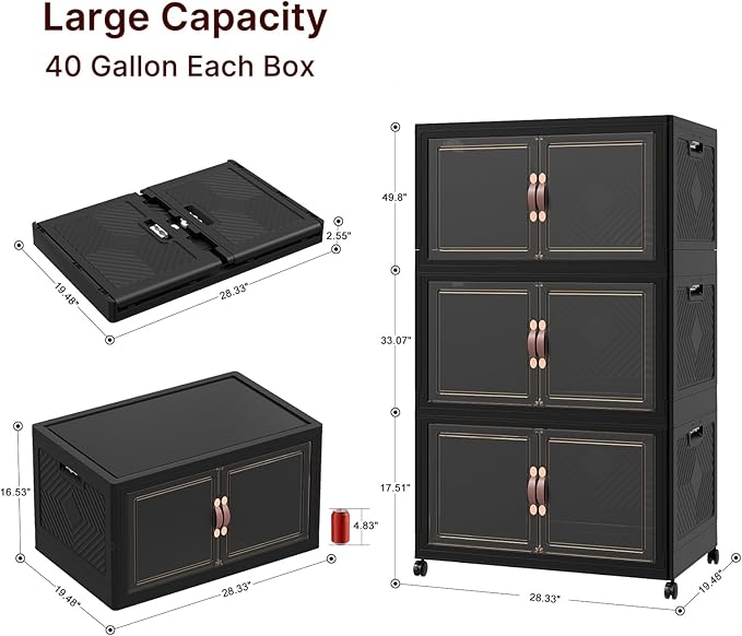 Stackable Storage Bins with Lids, Collapsible Storage Boxes, Foldable Plastic Storage Drawers for Bedroom,Office, Dorm (3, Black, XL)