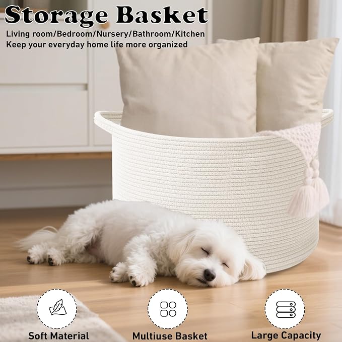 90L Large Blanket Basket,21.7"L x 21.7"W x 13.8"H Rope Woven Baskets with Handles, Toys Storage Bins,Laundry Basket Perfect for Living Room, Nursery,Bedroom,Home Organization,White