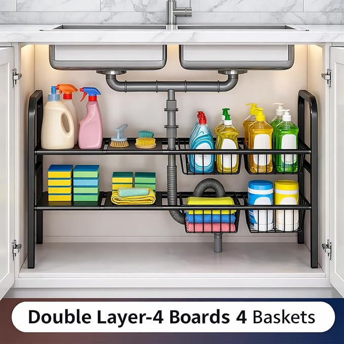 Under Sink Organizers – Expandable 2 Tier Under Cabinet Storage Rack with Adjustable Shelves, 4 Baskets & Panels, Heavy Duty Metal, Fits Around Pipes for Kitchen & Bathroom (Black)