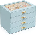 AKOZLIN Jewelry Box with Clear Lid Functional Leather Jewelry Storage Organizer Case 4 Drawers for Women Girls Necklace Ring Bracelet Earring BlueGrey