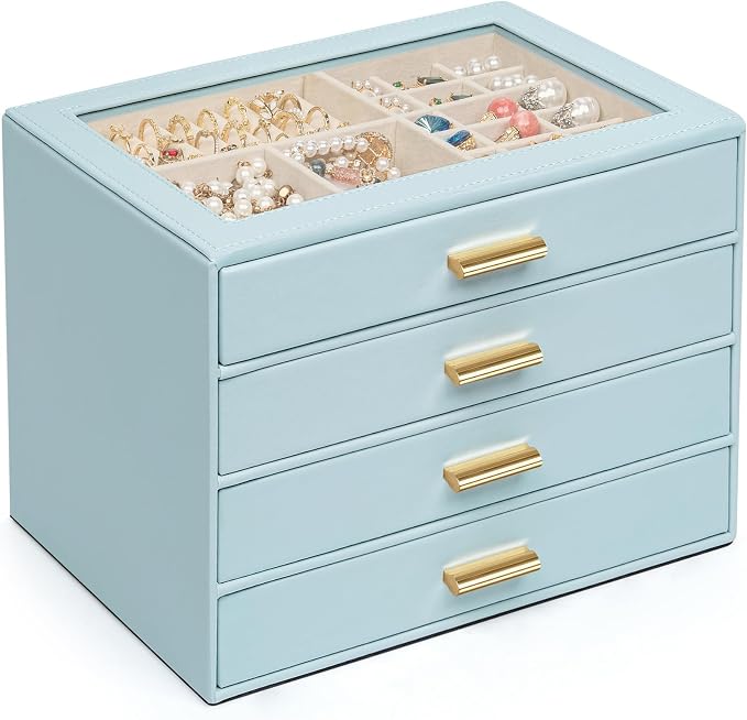 AKOZLIN Jewelry Box with Clear Lid Functional Leather Jewelry Storage Organizer Case 4 Drawers for Women Girls Necklace Ring Bracelet Earring BlueGrey