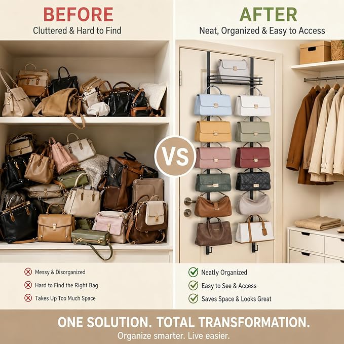 Over The Door Purse Organizer Black | Metal Hanging Handbag Storage with 16 Hooks & Metal Frame Basket, Wall Mounted Bag Holder Can Use As 1/2 Part