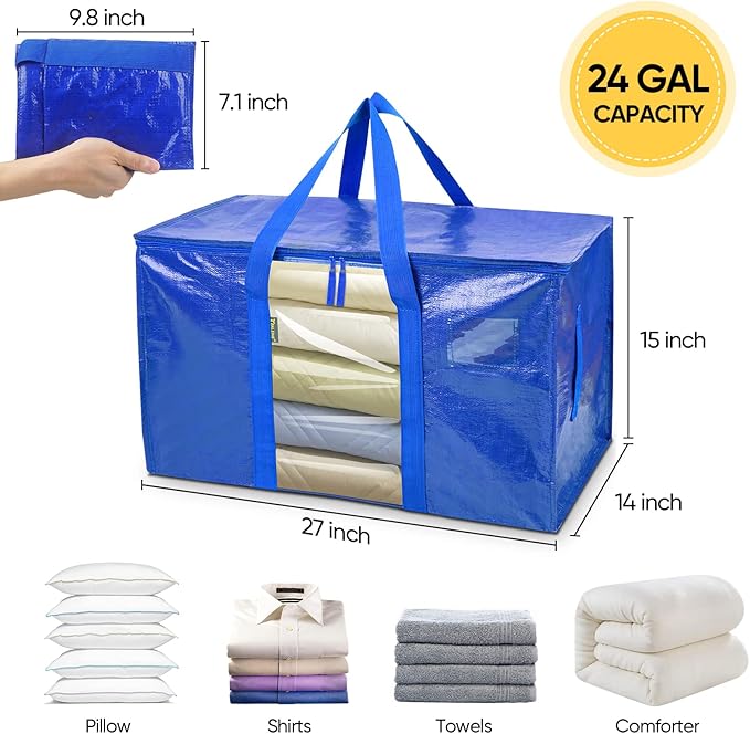 BALEINE 4-Pack Oversized Moving Bags with Reinforced Handles, Heavy-Duty Storage Tote Moving Supplies for Packaging, Camping (Blue w/Window, 4-Pack)