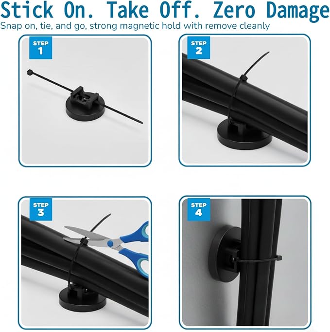 225-Pc Magnetic Cable Ties Set,Magnetic Zip Tie Mounts & Cable Ties | Magnetic Wire Holder, 25 Magnetic Cable Holders & 200 Zip Ties, Magnet Cable Tie Mounts for Cables, Wires, Cords, Hoses-31 mm