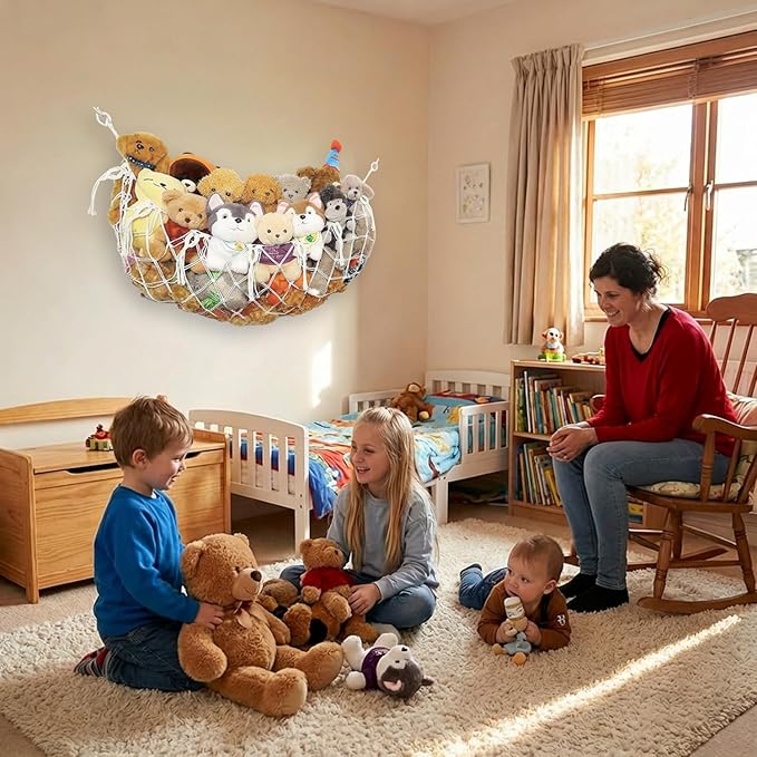 Stuffed Animal Net or Hammock for Flat Wall Mounted Handmade Macrame Toy Display Hanging Plush Toy Net for Stuff Animal Storage(Cream large)