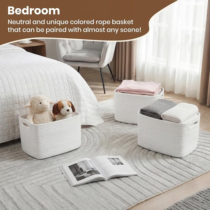 Storage Baskets for Organizing, 14 x 10 x 9” Closet Shelf Woven Baskets, Square Bins with Handles, Cotton Rope Basket for Clothes, Office, Room, White 4 Pack