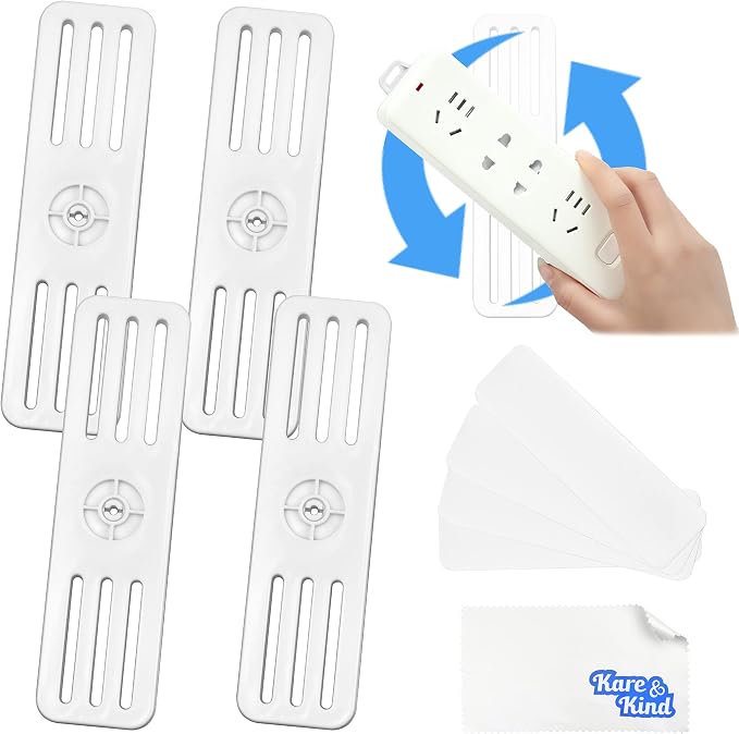 Self Adhesive Power Strip Holder 4 Pack - 360 Degree Rotation Wall Mount Fixator - Home, Kitchen, Office - Also for Remote Control, WiFi Router- Attaches to Wood, Plastic, Metal, Ceramic