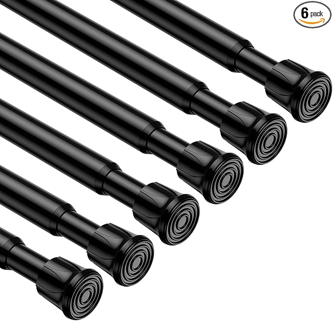 6 Pack Spring Tension Curtain Rods 27-38 Inches,5/8" Diameter Black Spring Load Adjustable Expandable,Small Short Tension Curtain Rod for Windows,Kitchen,Doorway,Bathroom,Cupboard Bars
