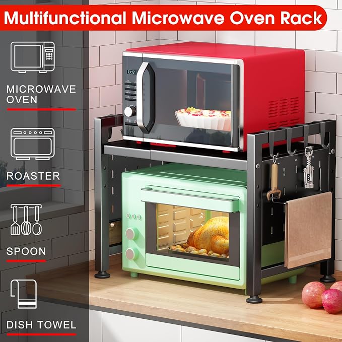 Kitstorack Adjustable Microwave Oven Rack,Microwave Stand Shelf Heavy Duty 2-Tier Shelf with Cutting Boards Stand for Kitchen Shelves Counter Top Organizer, Holds 120lbs,9 Hooks