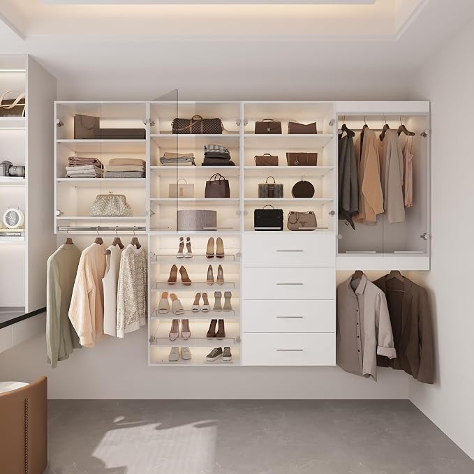 ROOMTEC 25.5" Shlef Tower Wardrobe Closet with Clear Glass Doors, Wall Mounted Modular Closet System, Clothes Storage Unit for Bedroom or Walk-in Closet, White