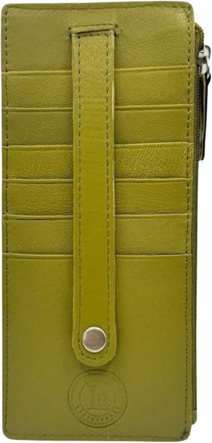 Leatherboss Genuine Leather Women's All in One Credit Business Card Case Holder Slim Zipper Wallet With a Card Protection Strap, Army Green