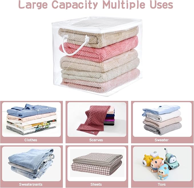 10-Pack Clear Zippered Storage Bags with Handles, Two-Way Zipper Foldable Closet Organizer, Bed Sheet Organizer, Plastic Storage Bin for Clothes, Towels