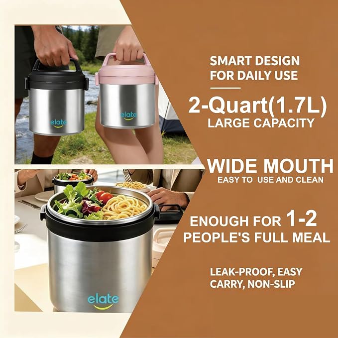 Elate 64oz Vacuum Insulated Food Jar for Hot Food, Large Soup Thermos Stainless Steel Wide Mouth, Camp Crock Thermal Food Container for Camping, Potluck & Family Meals (12H Hot / 24H Cold)- Pink