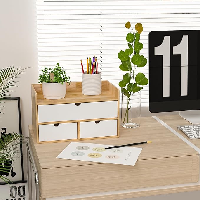 Bamboo Desk Organizer with Drawers, Desktop Storage for Office Supplies | 3 Drawers Desktop organizer, No Assembly Required, Natural Wood Wooden Desktop Drawers Box for Bills, Cosmetics, Seals, Paper