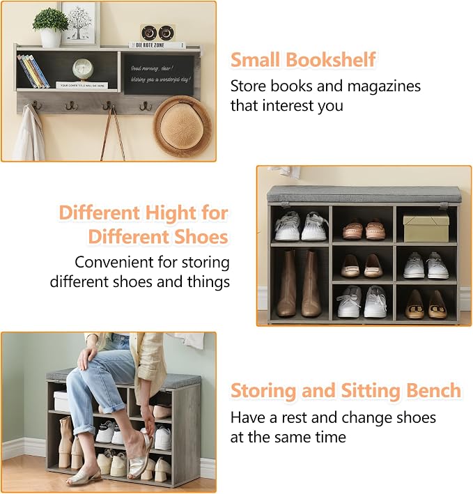 Entryway Shoe Bench with Coat Rack, Cushioned Storage Seat with Cubbies, Shoe Rack Bench for Front Door Entrance, Hall Tree with Hooks, Blackboard & Extra Storage for Entryway, Hallway & Living Room