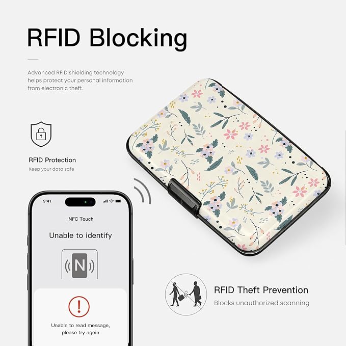 Credit Card Holder RFID Aluminum card case Flowers mini Wallet Women Men | ABS Business ID Case,Hard Case Large Capacity 6 Slots, Waterproof Durable ，Secure Closure Slim Small Credit Card Protector