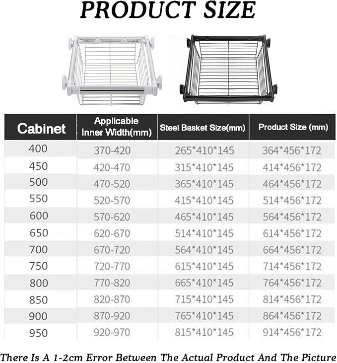 Pull Out Storage Basket with Runners,Metal Under Shelf Storage Basket,Stackable Storage Bins,Adjustable Width 370-970mm,40kg Weight Capacity(White,Width570-620mm)
