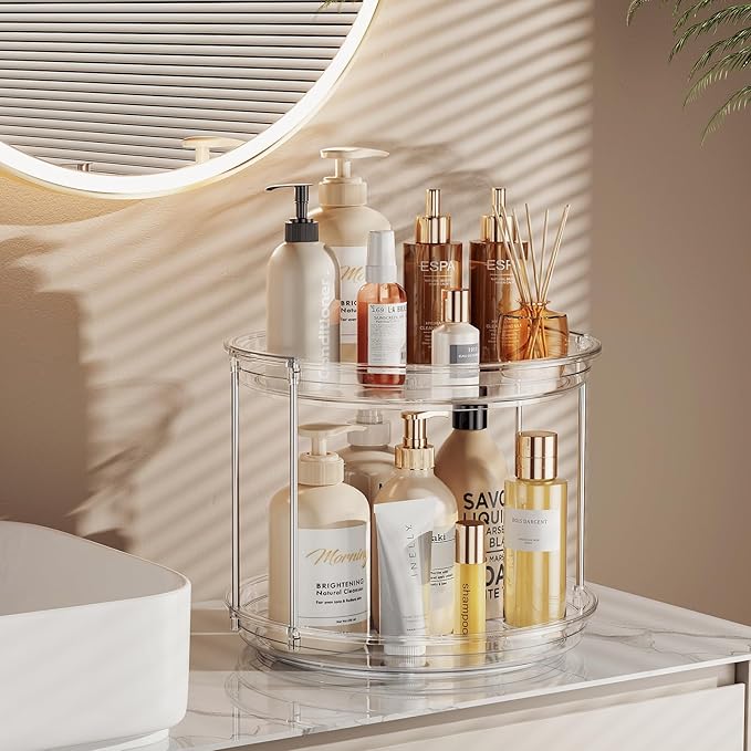 LAMU 4 Pack 2 Tier Lazy Susan Turntable Organizer 9.25'' Rotating Spice Rack Organization for Cabinet, Kitchen, Pantry, Countertop, Bathroom, Vanity, Medicine Cabinet Organizer, Clear