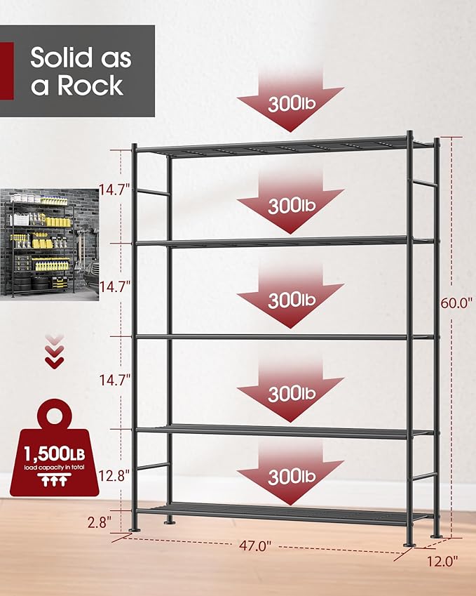 Sakugi Storage Shelves - 5 Tier Shelf Organizer, Sturdy Metal Garage Shelving with Adjustable Leveling Feet, Space-Saving Shelves Organizer for Pantry, Laundry, Kitchen (47" x 12" x 60", Black)