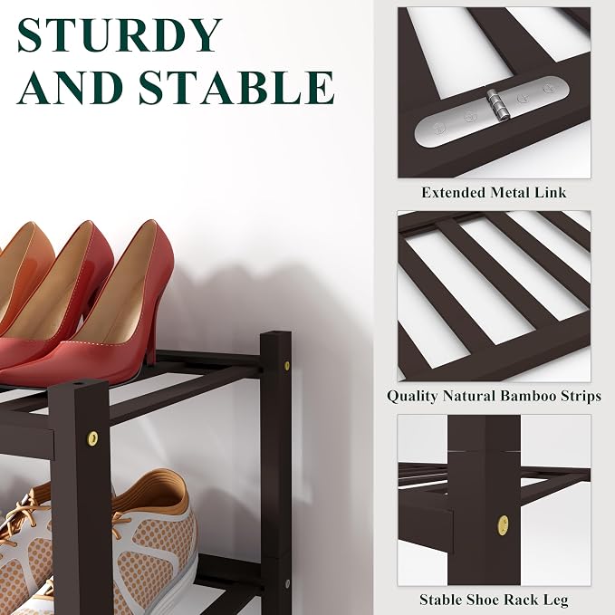 Smiry Long Bamboo Shoe Rack, 2 Tier Free Standing Wooden Shoe Organizer, Stackable Wood Shoe Storage Shelf for Closet, Entryway, 12 Vertical Slats, One-piece Standard Legs, 33.7"x11"x13", Brown