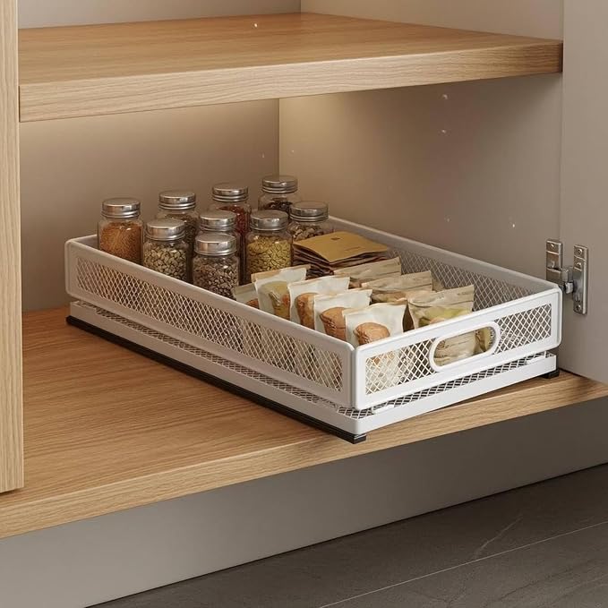 Pull-out Storage Basket Metal Frame Mesh Storage Basket Easy Access for Kitchen, Medium Storage Basket 30cm Long With Slide Rail