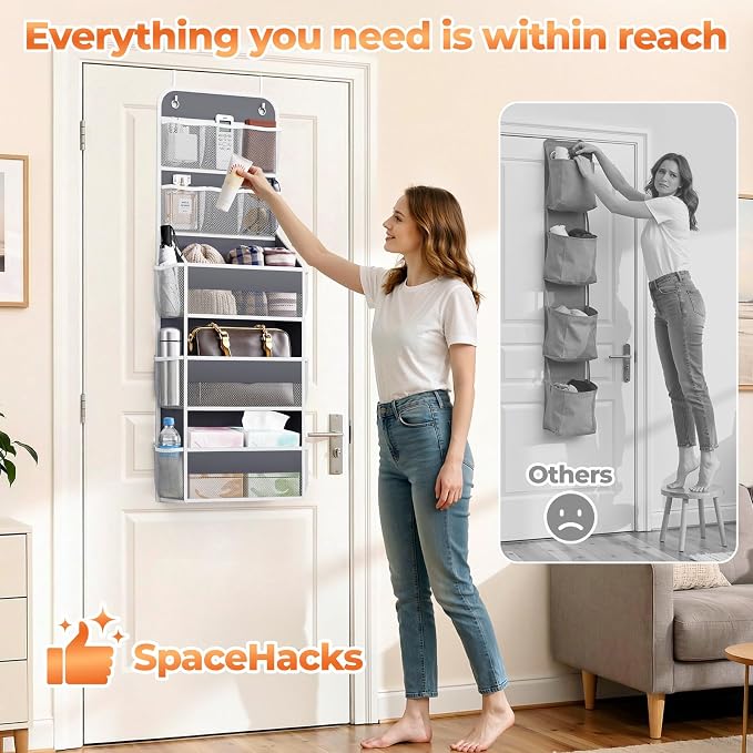 SpaceHacks 5-Tier Over the Door Organizer with Mesh Pockets, Baby Nursery Storage for Closet, Bathroom and Bedroom, Adjustable Hanging Closet Organizer for Cosmetics, Books and Essentials (Dark Grey)