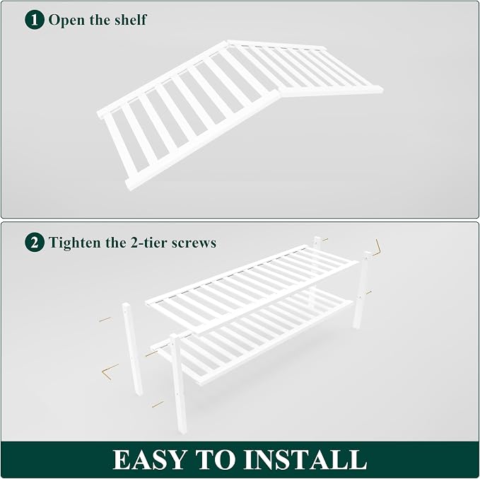 Smiry Bamboo Shoe Rack for Closet, 2 Tier Long Wooden Shoe Organizer, Stackable Wood Shoe Storage Shelf for Entryway, 14 Vertical Slats, One-piece Heavy-Duty Legs, 33.86"x11.02"x12.99", White