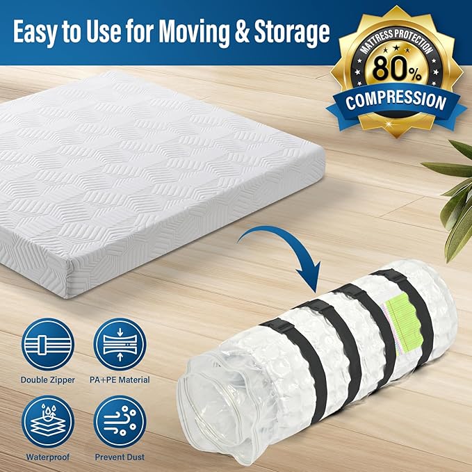 Queen/Full/Full-XL Mattress Vacuum Bag - 80% Space-Saving Compression with Heavy Duty Moving Straps and Leakproof Dual-Zip | Includes Canvas Organizer & Smart Label System