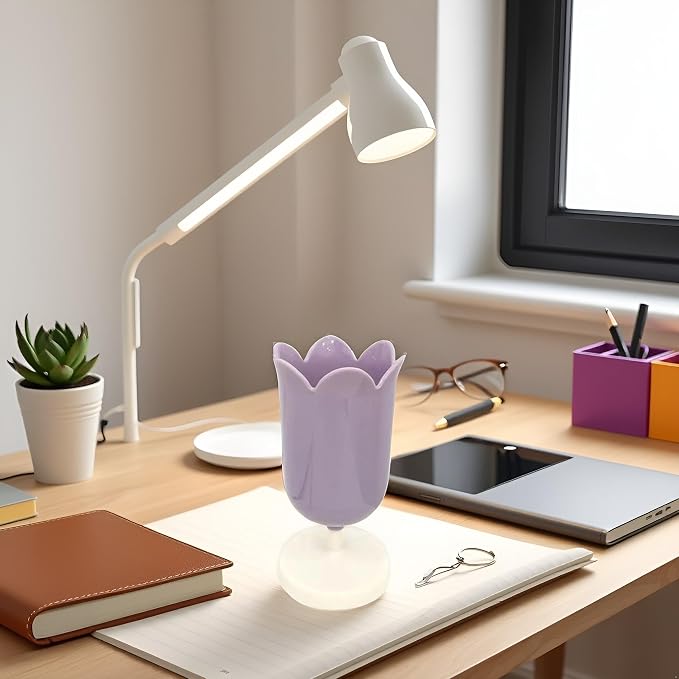 Plastic Tulip Pen Holder Cute Pens Cup for Desk Pen Brush Organizer Office Stationery Supplies Home Decor Desk Supplies Holders and Dispensers (Purple)