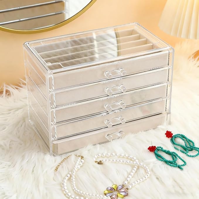 5 Drawers Necklace Organizer Storage, Tray with Clear Lid, Dustproof Velvet Necklaces Holder Storage Display Case, Necklace Tray Drawer Insert for Pendant Suitable for Women and Girls (25 grids)