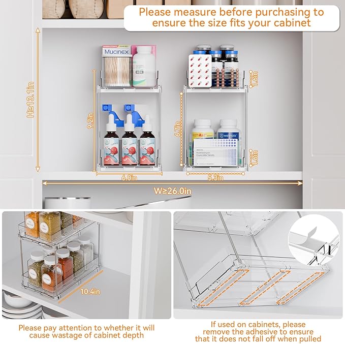 Yieach 4 Set Bathroom Organizers and Storage,2 Tier Clear Under Sink Organizer and Medicine Cabinet Organizer for Kitchen,Pantry Storage,Pull Out Drawers for Skincare,Pill Bottle,Spice Organization