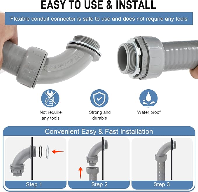 DWALE Liquid-Tight Conduit and Connector Kit,Flexible Non Metallic Liquid Tight Electrical Conduit,2inch 25ft Electrical Conduit Kit,with 4 Straight and 3 Angle Fittings Included,2 in. Dia