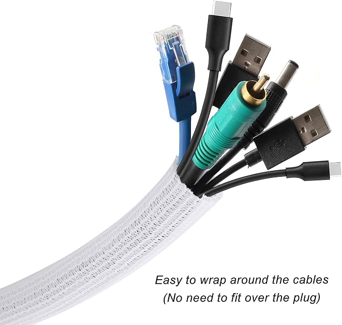 Cable Management Sleeve, Split Design, 25FT - 1 Inch, White | Cord Protectors from Pets | Heat & Abrasion Resistant Wire Loom | Automotive Wiring & Home Office Cable Organization