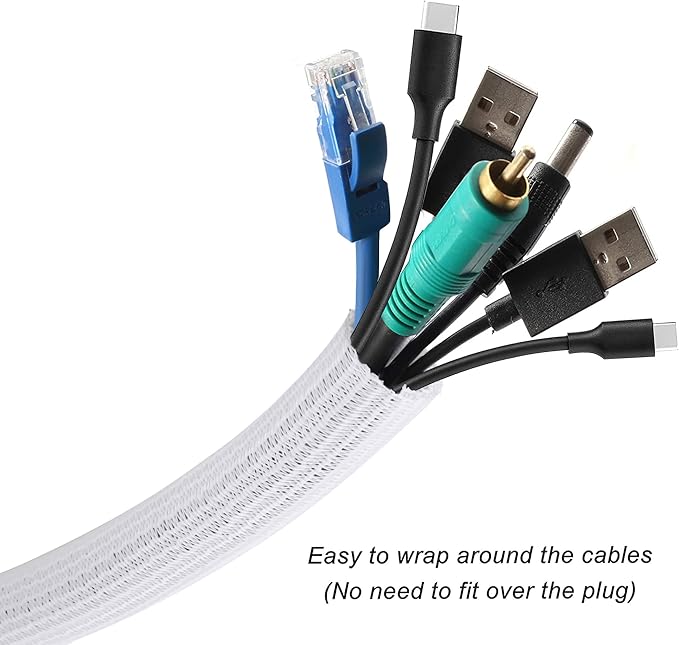 Cable Management Sleeve, Split Design, 10FT - 1 Inch, White | Cord Protectors from Pets | Heat & Abrasion Resistant Wire Loom | Automotive Wiring & Home Office Cable Organization