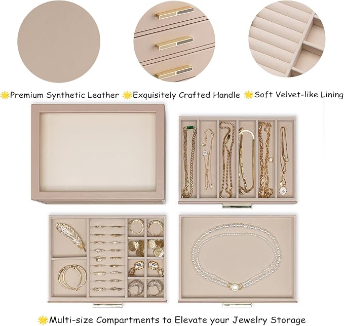 VLANDO 3-Drawer Jewelry Box with Glass Lid, Faux Leather Organizer for Rings Earrings Necklaces and More, Gift-Ready Jewelry Case for Women Girls or Moms, Latte