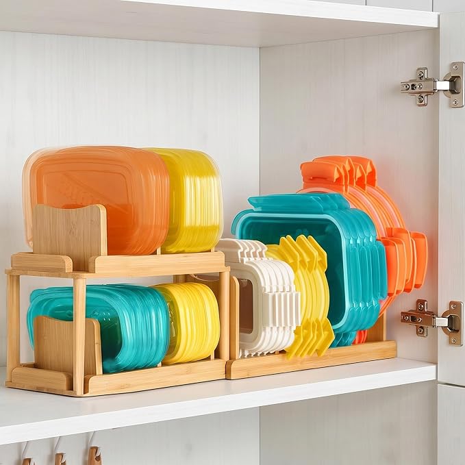 YIGII 2-Tier Bamboo Container Lid Organizer with Dividers for Cabinet | Natural Bamboo, Moisture-Resistant, Removable Dividers, 2-Tier or Separate, for Drawers Countertops, Fits Small to Large Lids