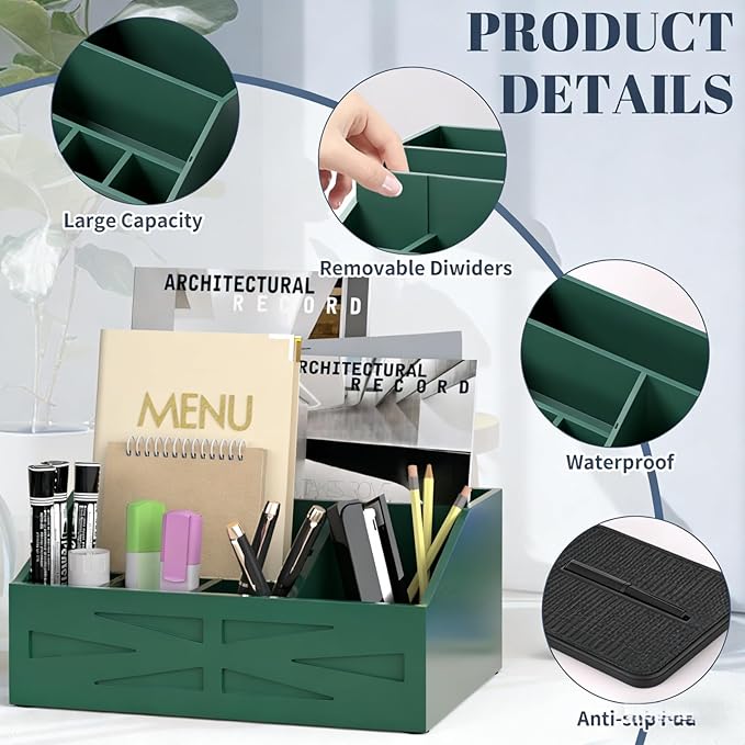 Wood Mail Organizer Countertop,Farmhouse Desk and Kitchen Countertop Storage, Letter Sorter, Desk Mail and Bill Organizer, Desktop File and Paper Holder (Green)