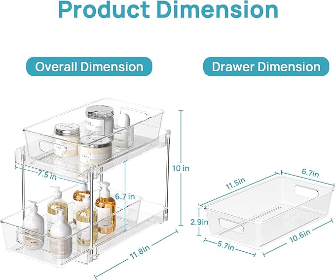 Vtopmart 4 Pack Bathroom Organizer, 2 Tier Clear Under Sink Organizers Vanity Countertop Storage Container,Cabinet Drawers Bins, Pull-Out Organization with Track for Pantry, Kitchen