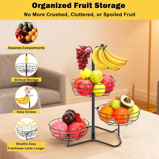 3 Tier Fruit Basket Bowl with 2 Banana Hooks, Solid Metal Standing Vegetable Storage for Kitchen Counter, Large Capacity Organizer for Bread Snack Produce (Black)