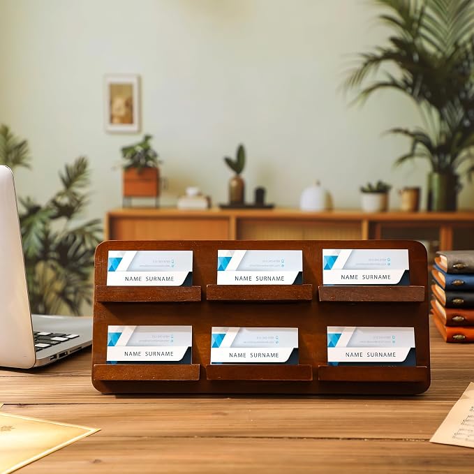 Leinuosen 2 Tier Wood Multiple Business Card Holder Desktop 6 Slot Business Card Holder for Desk Gift Postcard Display Rack Pamphlet Display Stand for Office Meeting Home Men Women(12.99 x 6.3 Inch)