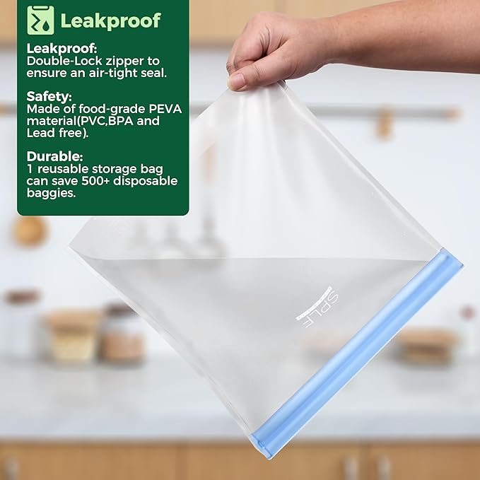 SPLF 6 Pack Stand-Up Reusable 2 Gallon Freezer Bags Dishwasher Safe, Reusable Freezer Bags 2 Gallon, Leakproof BPA Free Food Storage Bags for Marinate Meat, Veggies, Homemade Bread, Snack, Travel Item